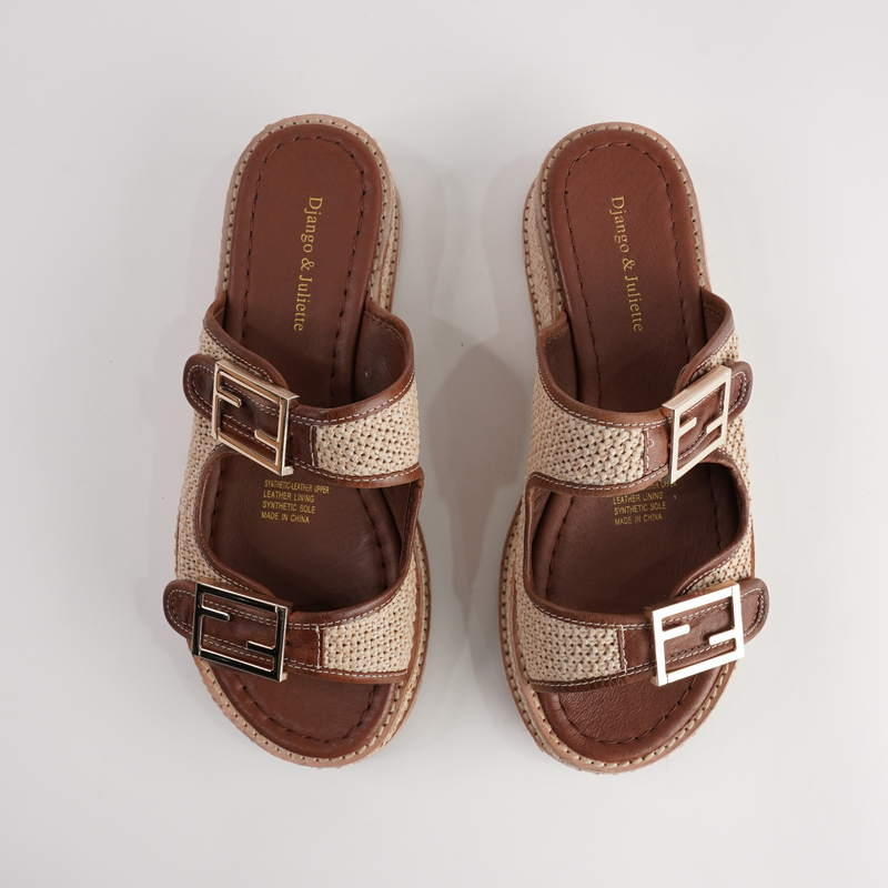 Vexta Choc Leather/ Natural Raffia Slides
