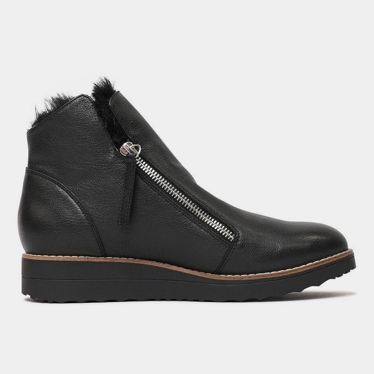 Opal Black Leather/ Black Fur Ankle Boots