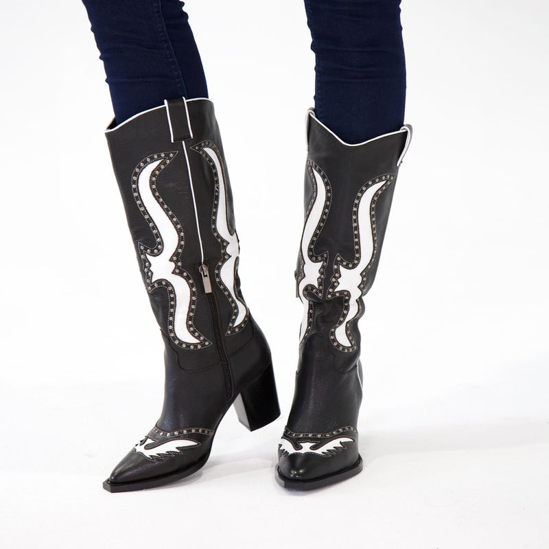 Lurva Black/White Leather Knee High Boots, MOLLINI - Shouz