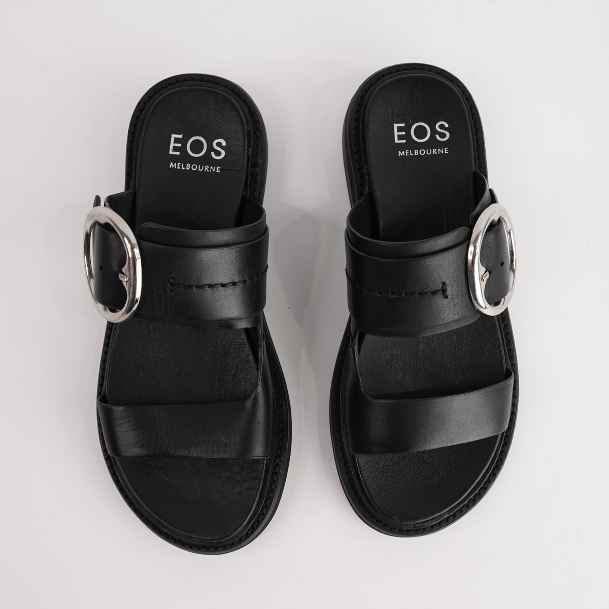 Stary Black Leather Slides - EOS FOOTWEAR | Shouz