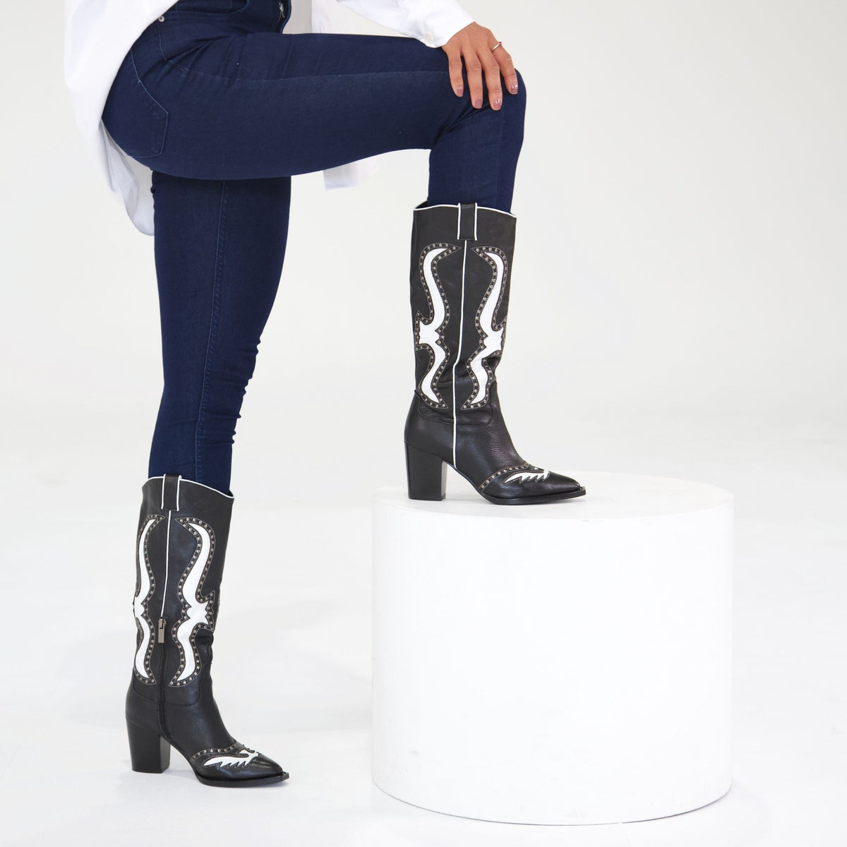 Lurva Black/White Leather Knee High Boots, MOLLINI - Shouz