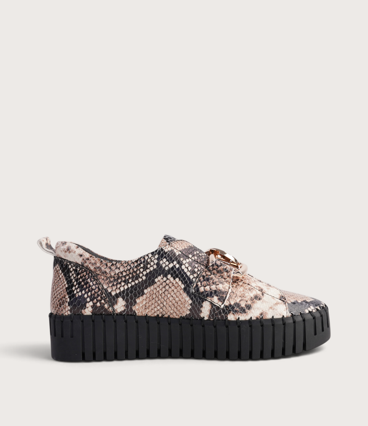 Breeza Black Caramel Snake Leather/ Black Sole Sneakers