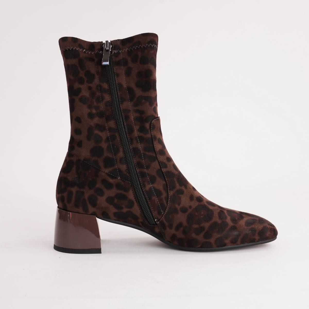 June Brown Leopard Stretch Leather Ankle Boots - ALFIE AND EVIE | Shouz