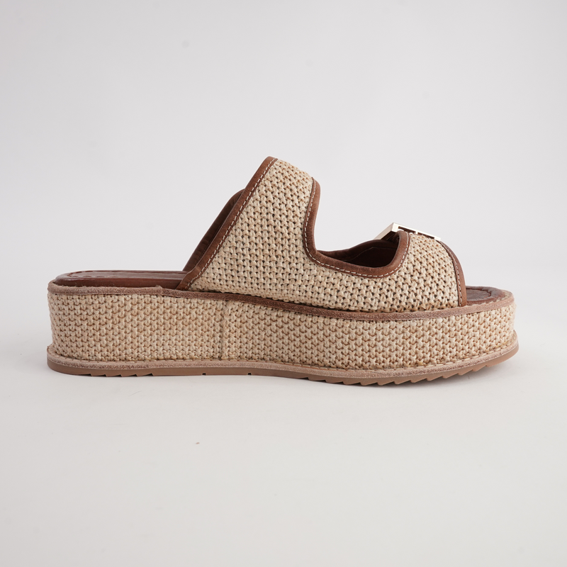 Vexta Choc Leather/ Natural Raffia Slides