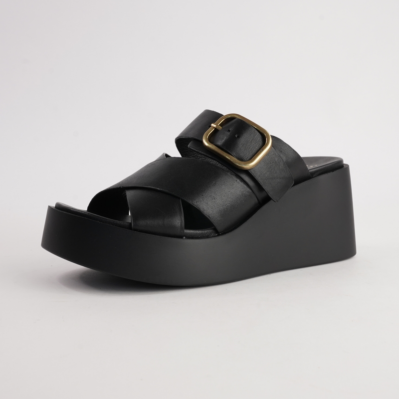 Aris Black Leather Wedges