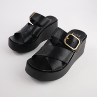Aris Black Leather Wedges