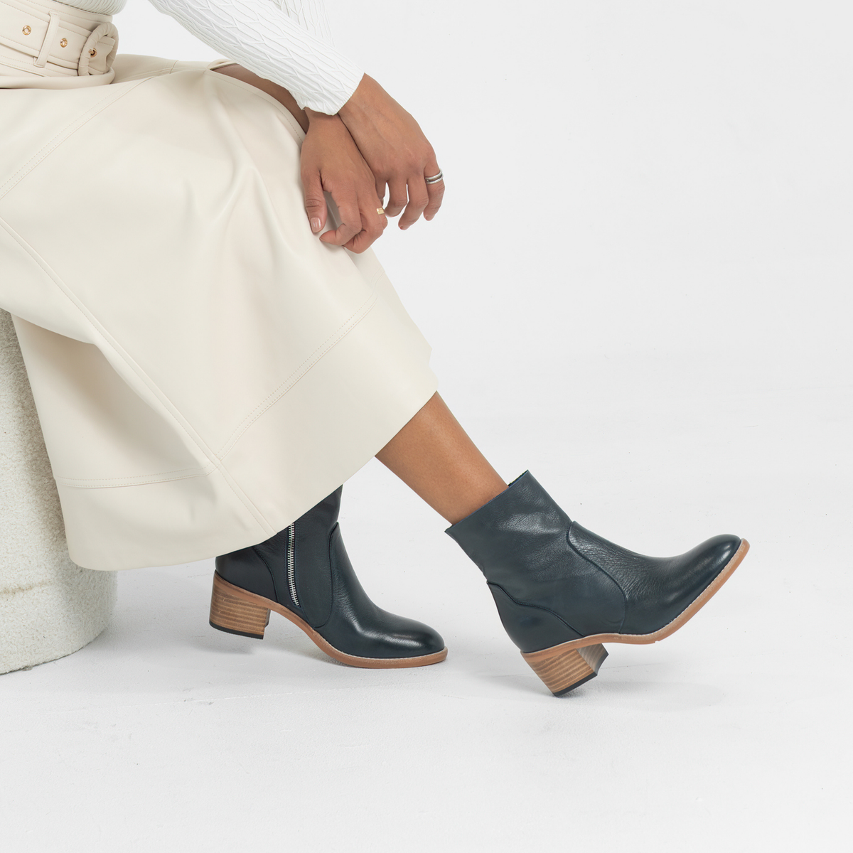 Rarna Navy Leather Ankle Boots