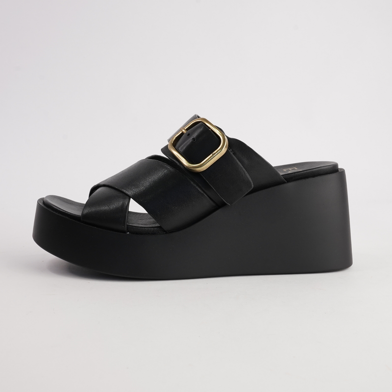Aris Black Leather Wedges