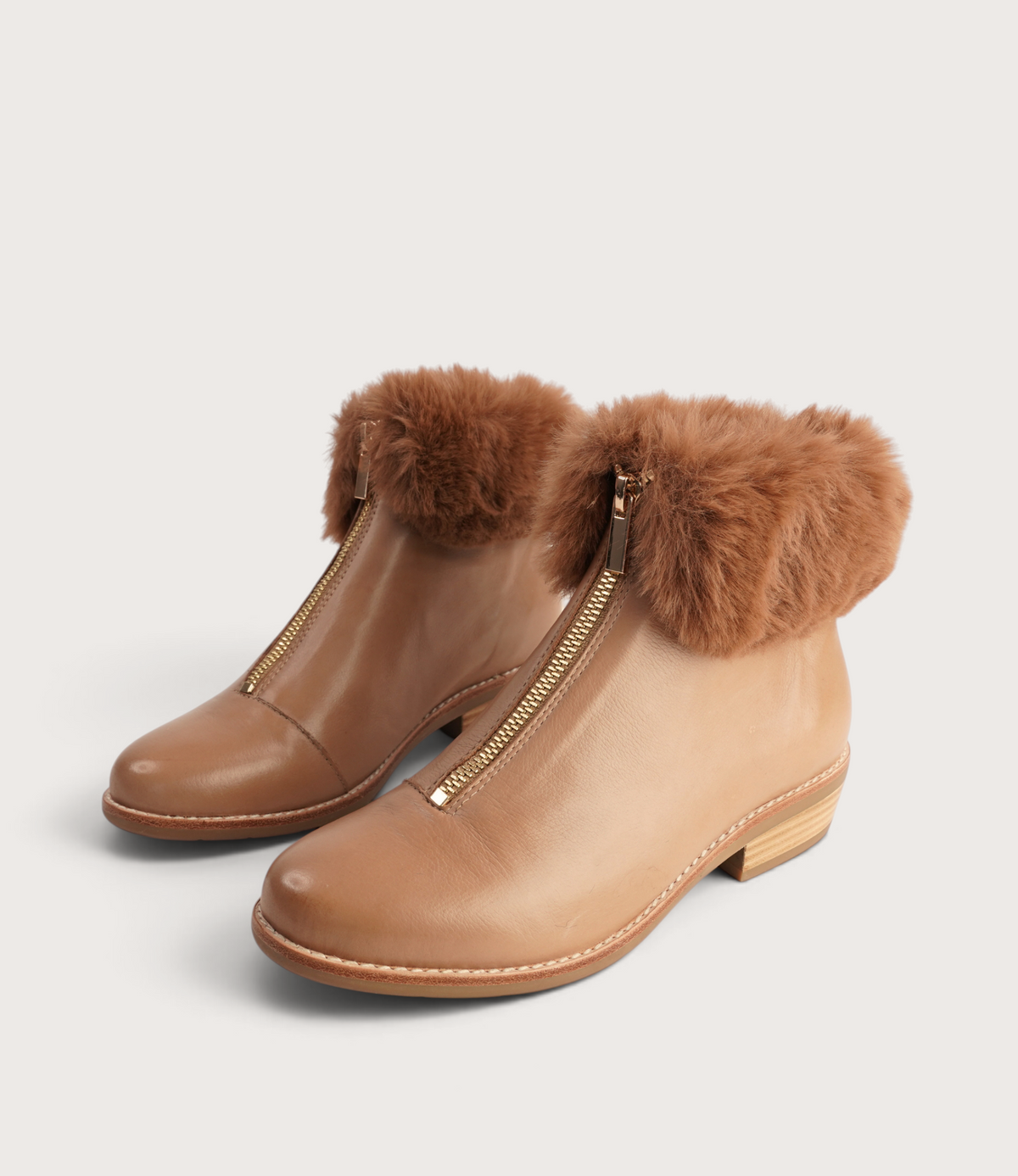 Lollys Cognac Leather/ Brown Fur Ankle Boots