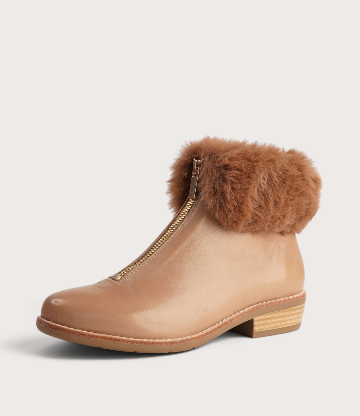 Lollys Cognac Leather/ Brown Fur Ankle Boots