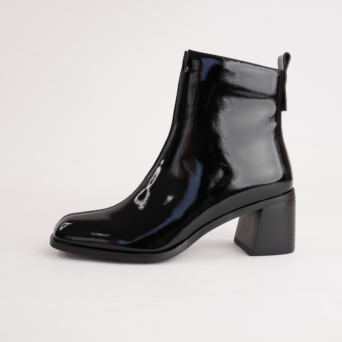 Earth Black Crinkle Patent Leather Ankle Boots - ALFIE AND EVIE | Shouz