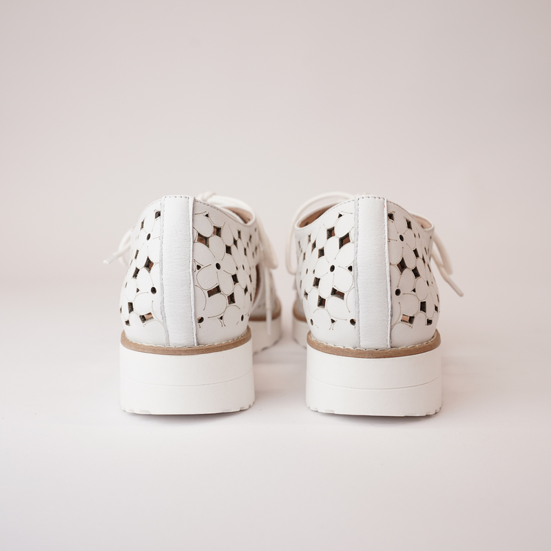 Otay White Leather/ White Sole Lace Up Flats