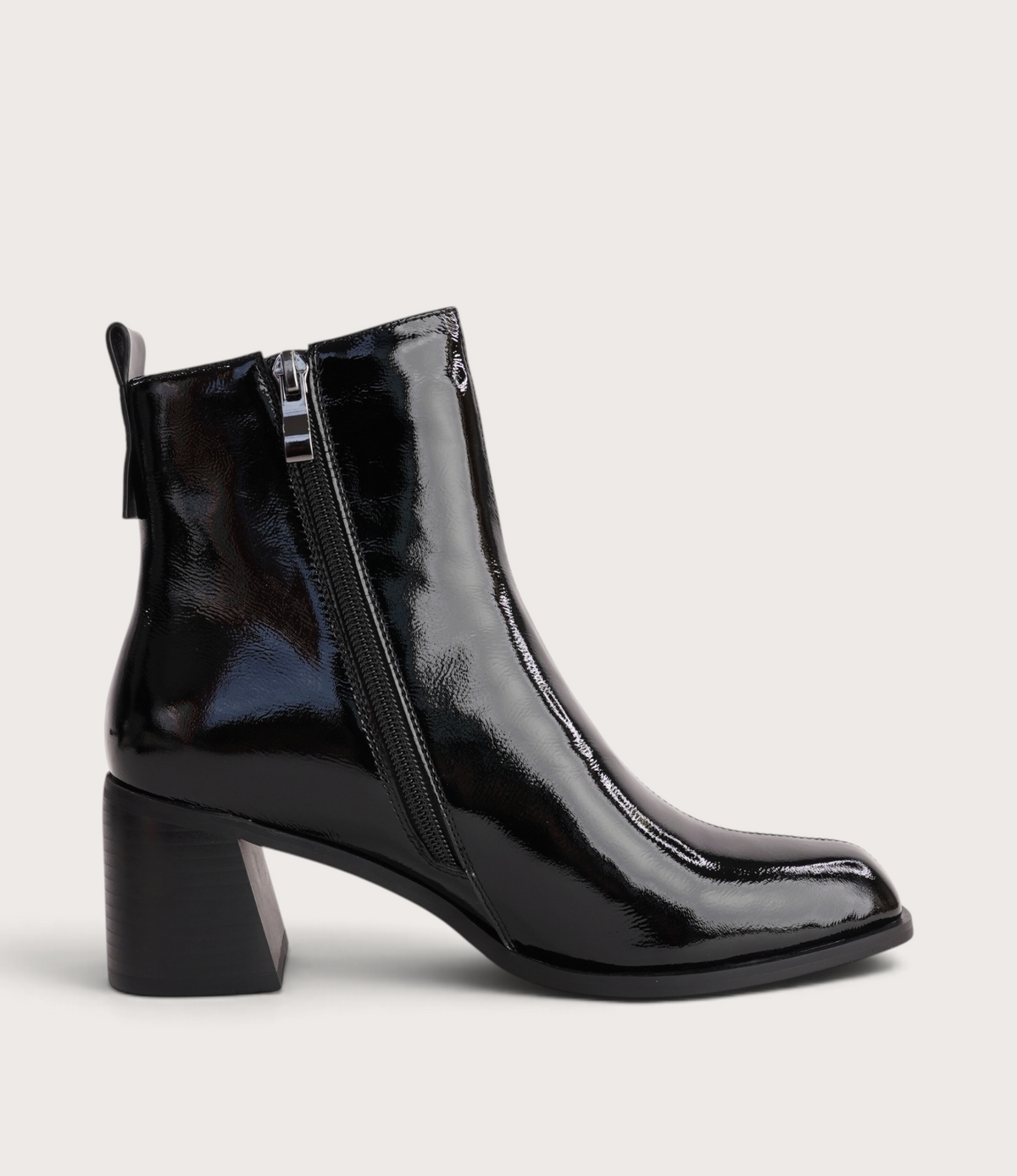 Earth Black Crinkle Patent Leather Ankle Boots