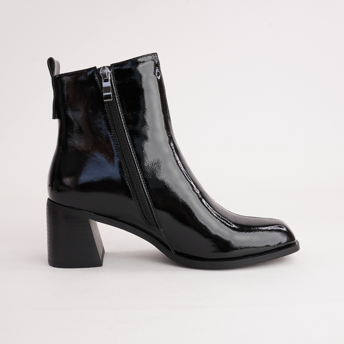 Earth Black Crinkle Patent Leather Ankle Boots - ALFIE AND EVIE | Shouz