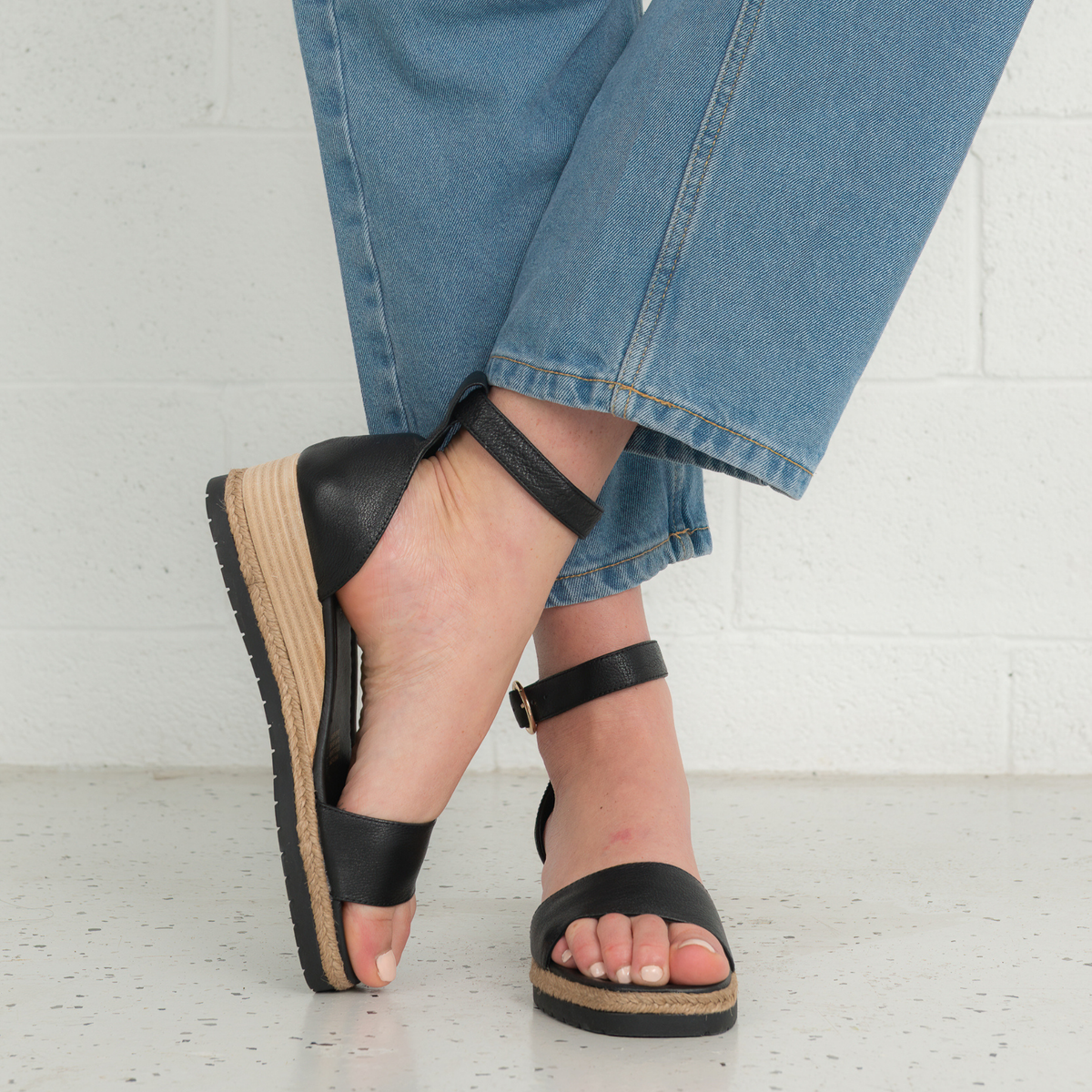 Idola Black Leather Wedges