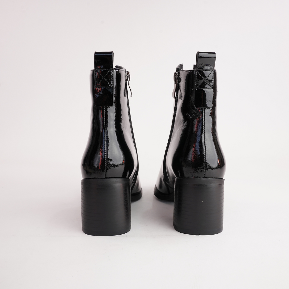 Earth Black Crinkle Patent Leather Ankle Boots - ALFIE AND EVIE | Shouz