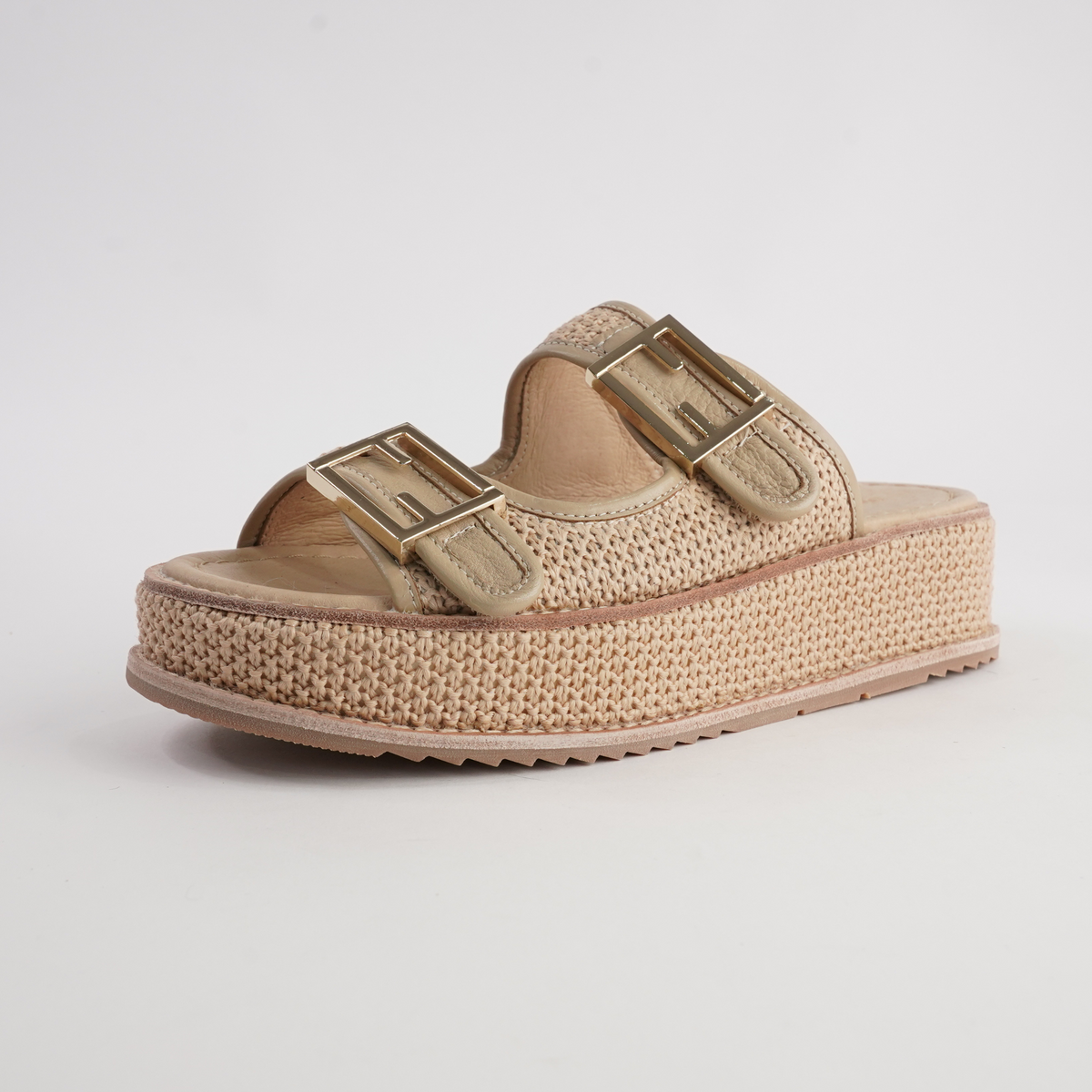 Vexta Camel Leather/ Camel Raffia Slides - DJANGO AND JULIETTE | Shouz