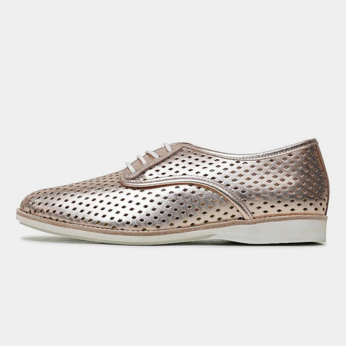 Derby Punch Rose Gold Leather Lace Up Flats - ROLLIE | Shouz