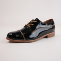 Leeze Black Patent/ Tan Leather Lace Up Flats