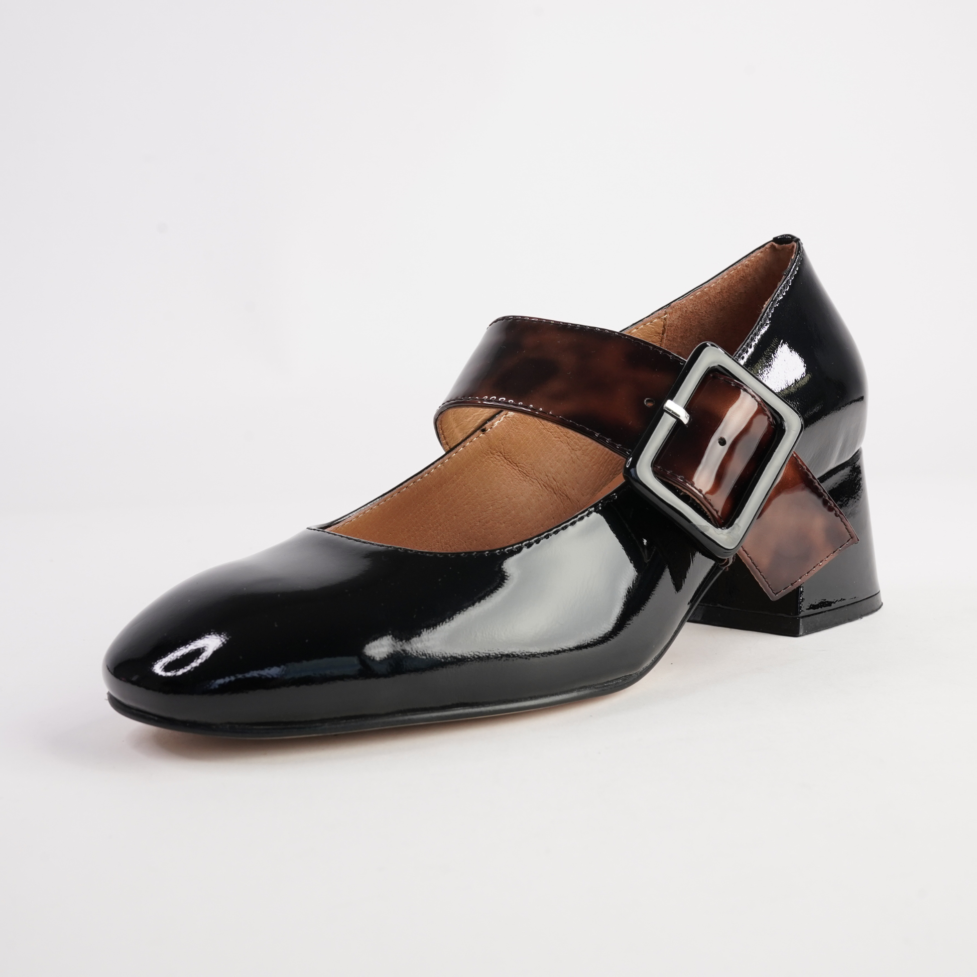 Pagoda Black Patent/ Turtle Strap Leather Heels - BRESLEY | Shouz