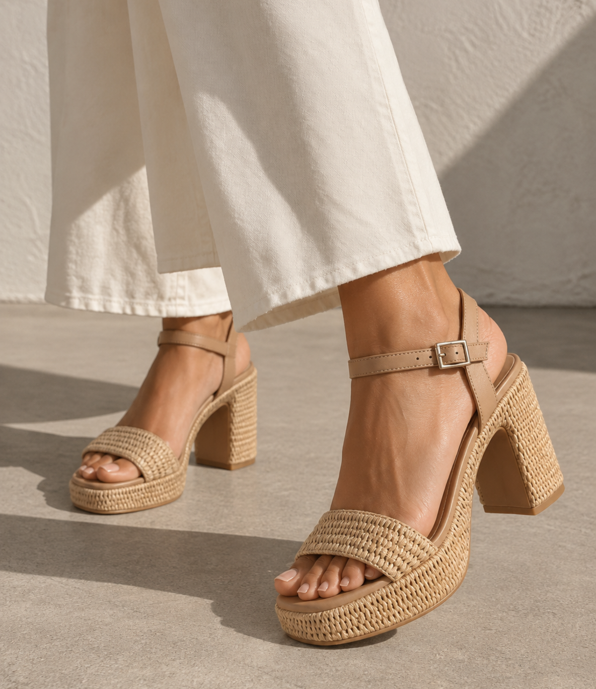 Kondry Natural Raffia/ Camel Leather Heels