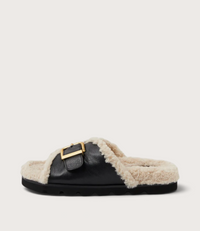 Esme Black Cream Leather Shearling Slides