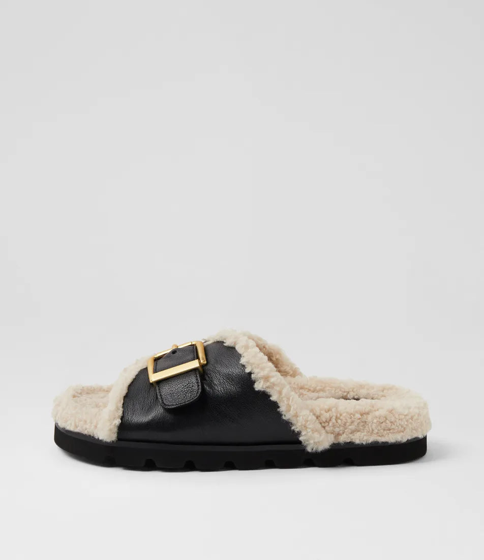 Esme Black Cream Leather Shearling Slides