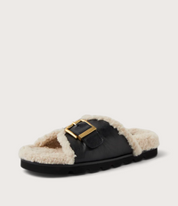 Esme Black Cream Leather Shearling Slides