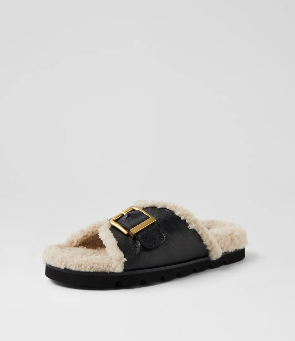 Esme Black Cream Leather Shearling Slides