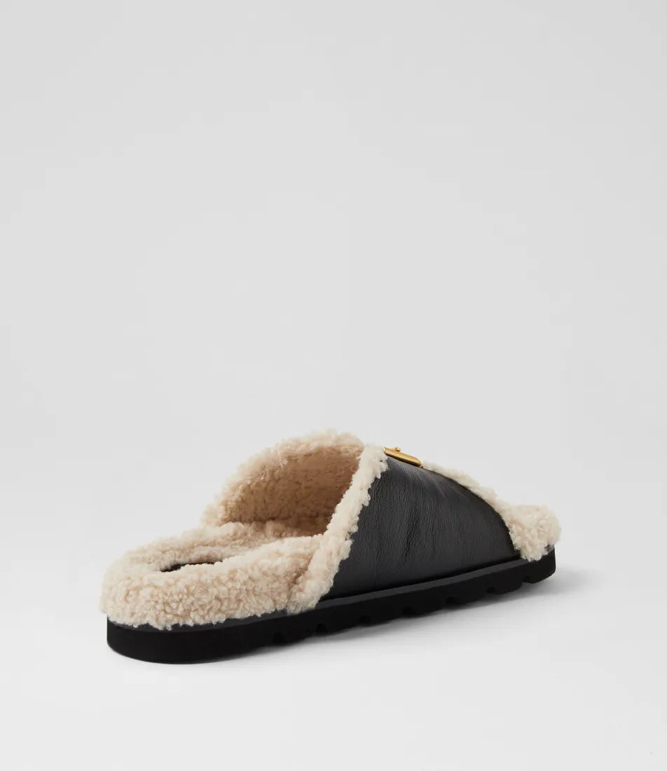 Esme Black Cream Leather Shearling Slides