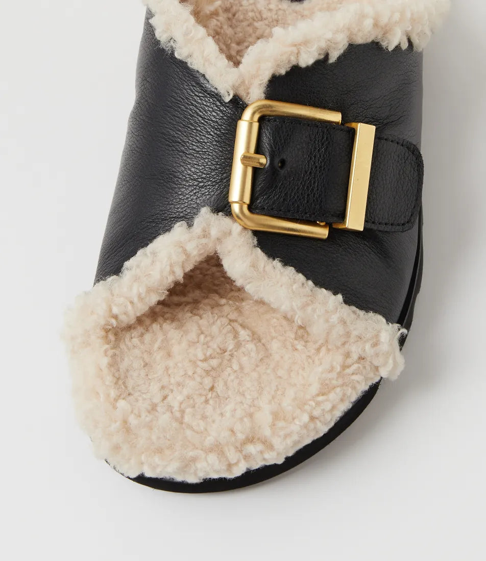 Esme Black Cream Leather Shearling Slides