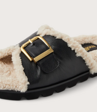 Esme Black Cream Leather Shearling Slides