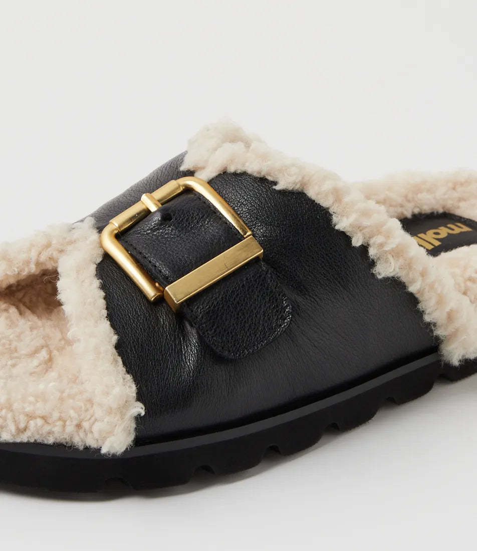 Esme Black Cream Leather Shearling Slides