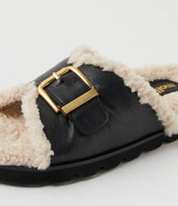 Esme Black Cream Leather Shearling Slides