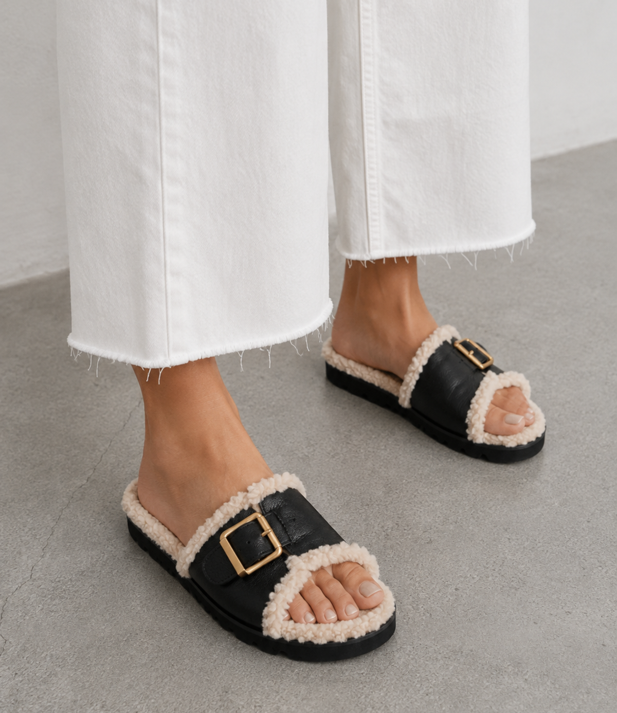 Esme Black Cream Leather Shearling Slides