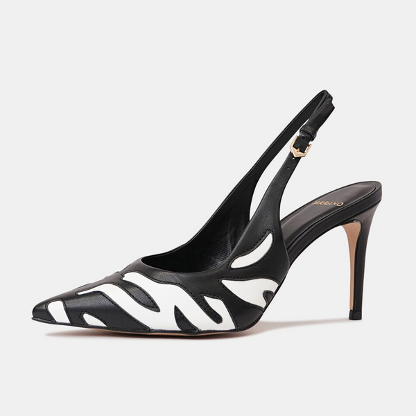 195135 Black/ White Leather High Heels