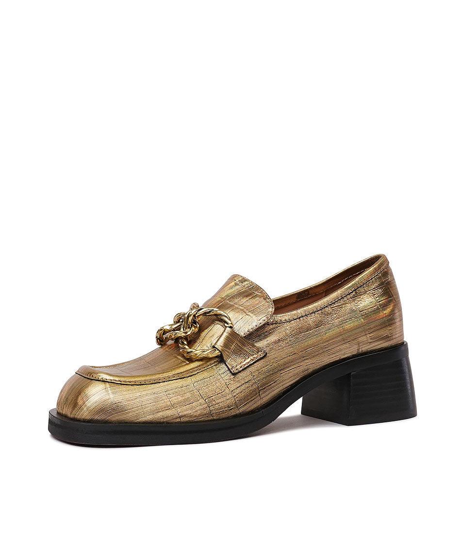 Ellas Old Gold Croc Leather Loafers - Shouz