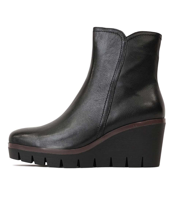 Nerrie Black Leather Wedge Boots - Shouz