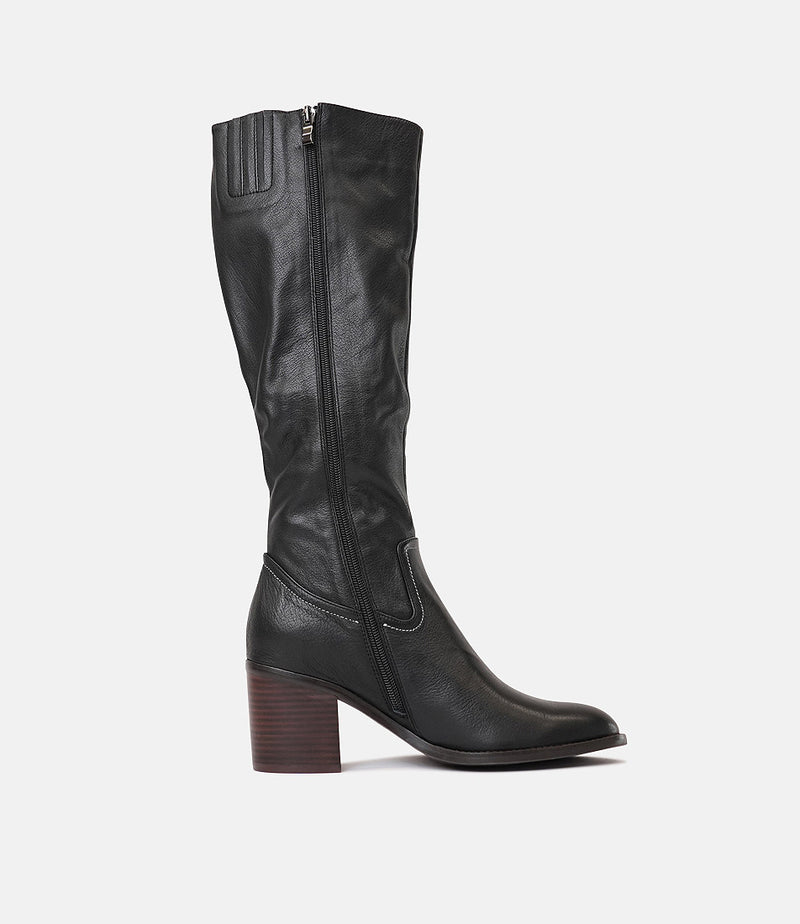 Cosmmo Black Leather/White/Dark Tan Heel Knee High Boots