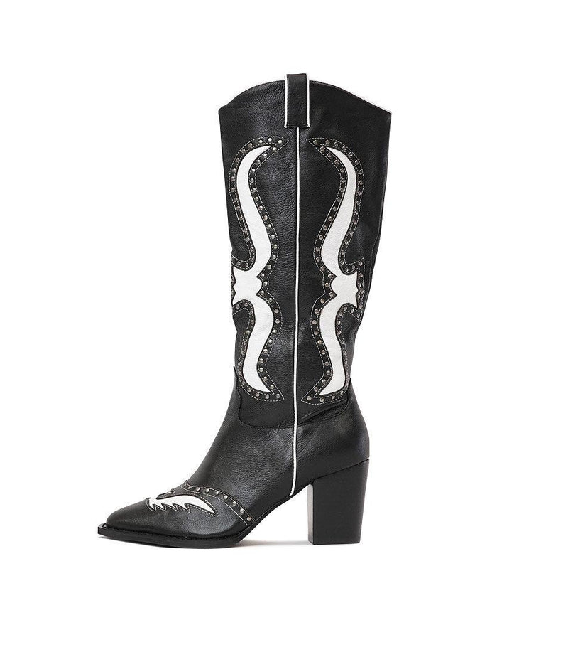 Lurva Black/White Leather Knee High Boots - Shouz