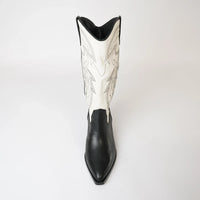 Riding Black / Cream Leather Embroidery Knee High Boots