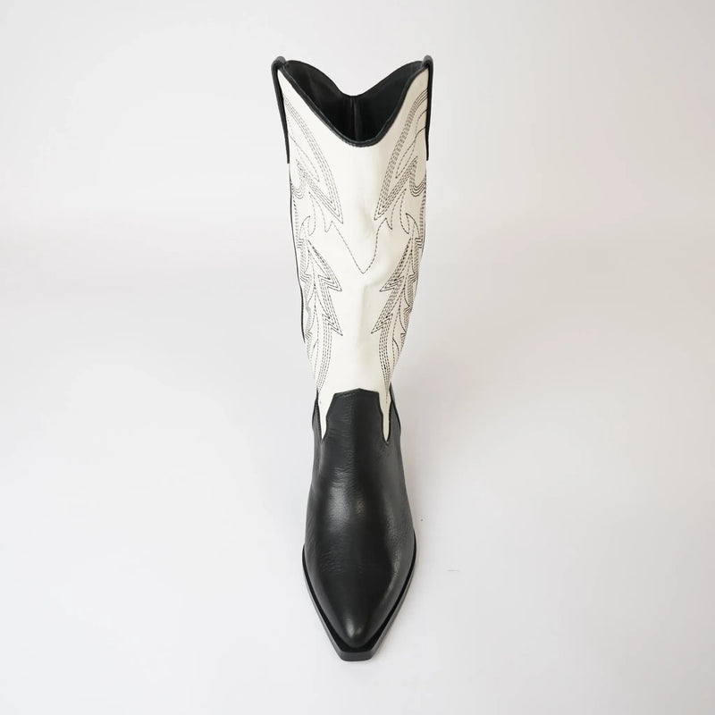 Riding Black / Cream Leather Embroidery Knee High Boots, MOLLINI - Shouz