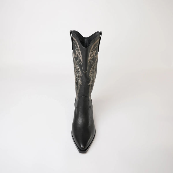Riding Black Leather/ Gold Embroidery Knee High Boots